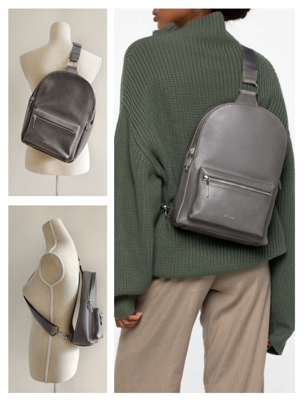 Matt & Nat Voas Vegan Leather Sling Bag Backpack in Grey Charcoal